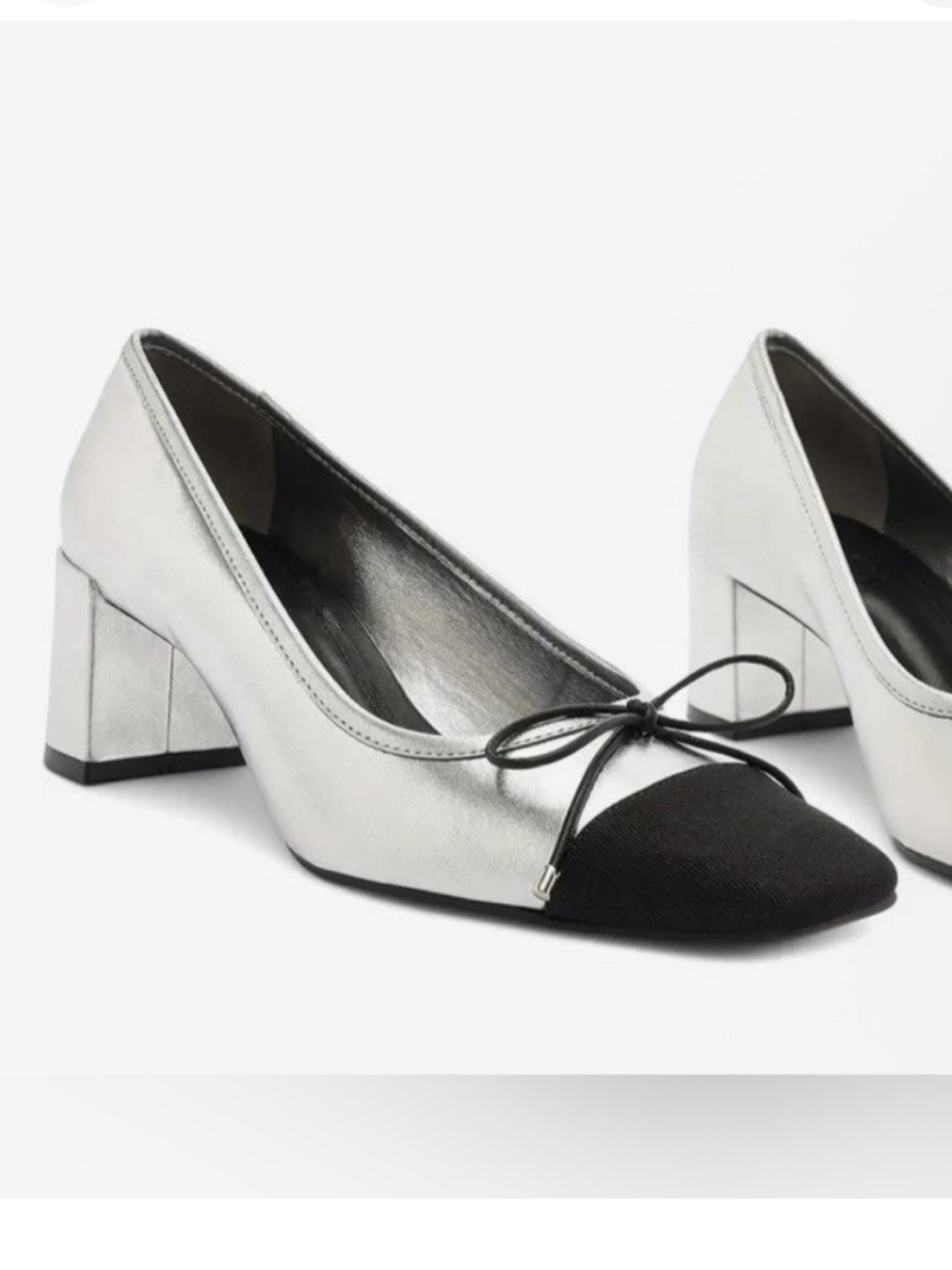 Schutz | Arissa Cap Toe Mid Block Heel Pumps Bow Metallic Silver Size 7